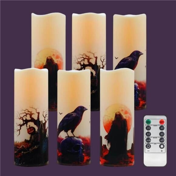 Halloween Flameless LED Candles, Set of 6, Gothic Design with Remote Control, 6 - Picture 1 of 8